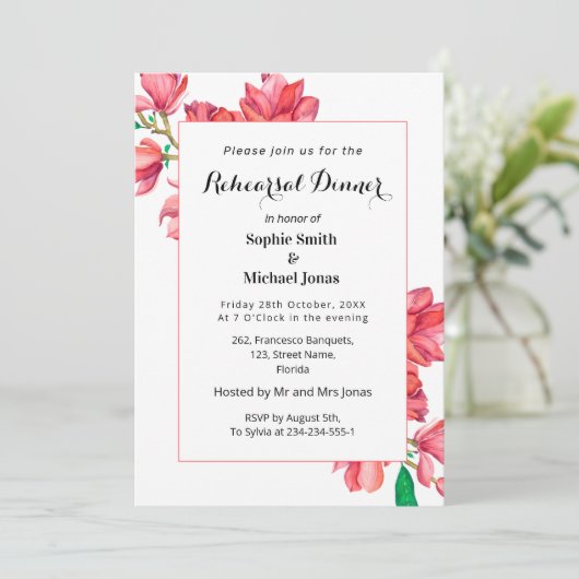 Floral Rehearal Dinner Pink White Magnolia Kaart (Staand voorkant)