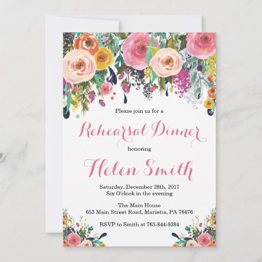 Floral Rehearings Dinner Invitation Card Kaart (Voorkant)
