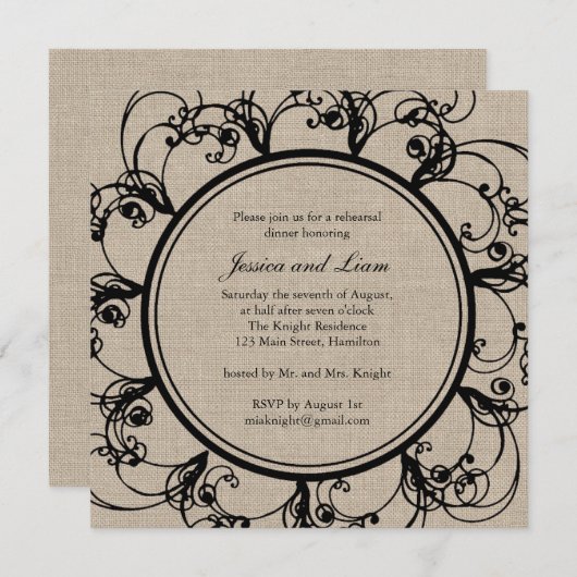 Floral Rehearsal Dinner Invitation on burlap Kaart (Voorkant / Achterkant)