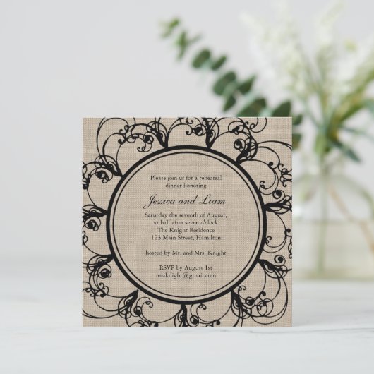 Floral Rehearsal Dinner Invitation on burlap Kaart (Staand voorkant)