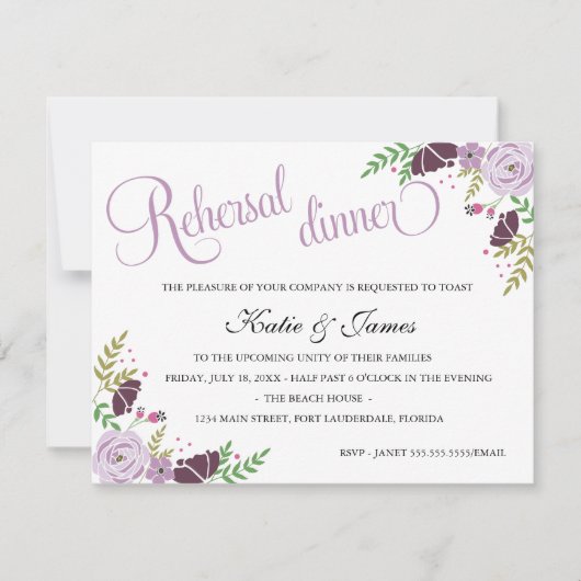 Floral Rehearsal Dinner Invitation | Paars Kaart (Voorkant)