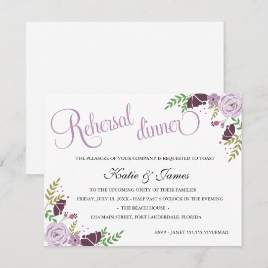 Floral Rehearsal Dinner Invitation | Paars Kaart (Voorkant / Achterkant)