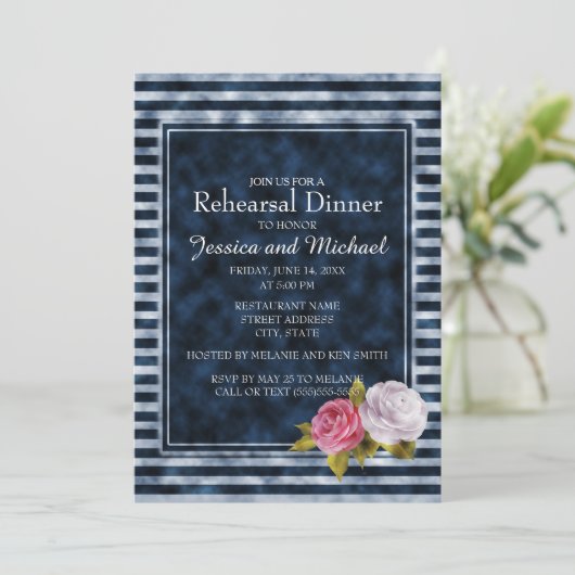 Floral Rehearsal Navy Blue White Stripe Kaart (Staand voorkant)