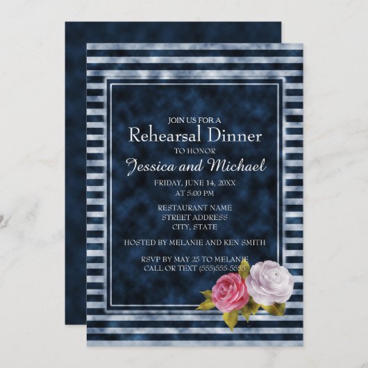  Floral Rehearsal Navy Blue White Stripe Kaart (Voorkant / Achterkant)