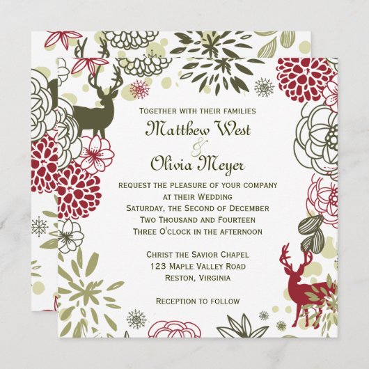 Floral Reindeer Kerstbruiloft Kaart (Voorkant / Achterkant)