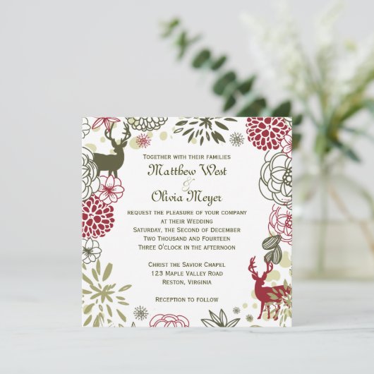 Floral Reindeer Kerstbruiloft Kaart (Staand voorkant)