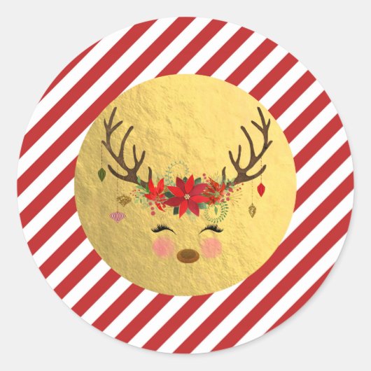 Floral Reindekerst Red Stripes Gold Foil Ronde Sticker (Voorkant)