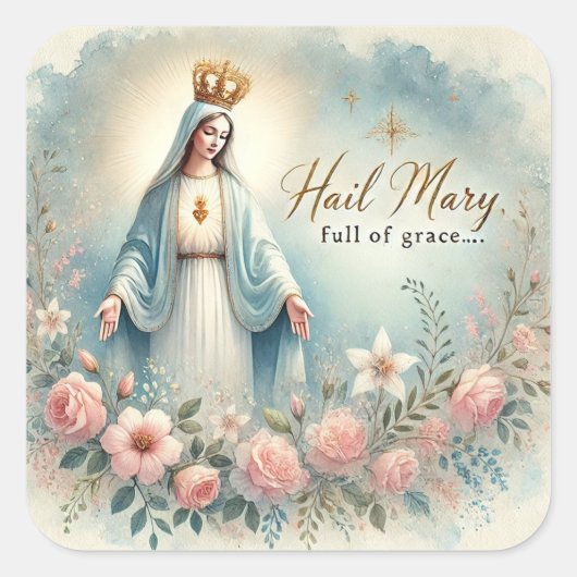Floral Religious Mother Mary Roses Vierkante Sticker (Voorkant)