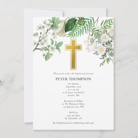  Floral Religous Gold Cross Baptisme Kaart (Voorkant)