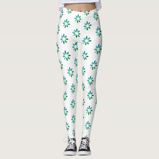 Floral Retro Pattern Green White Leggings (Voorkant)
