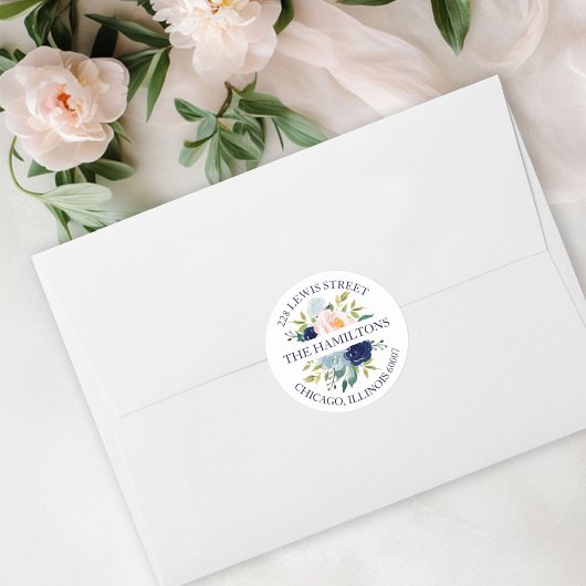 Floral Return Address Navy Blue Waterverf Ronde Sticker