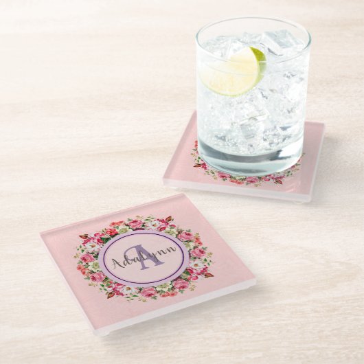  Floral Ring Aangepaste Monogram Tekstroze Glazen Onderzetter (Schuin)
