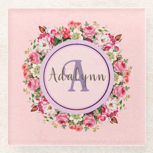 Floral Ring Aangepaste Monogram Tekstroze Glazen Onderzetter (Voorkant)