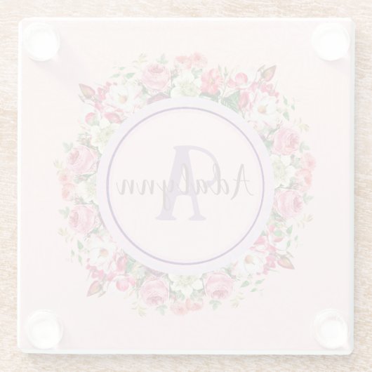  Floral Ring Aangepaste Monogram Tekstroze Glazen Onderzetter (Achterkant)
