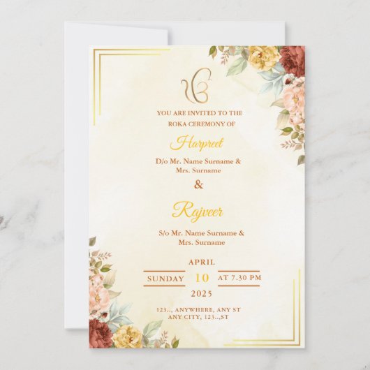 Floral Roka Ceremony Invitation, Engagement Card Kaart (Voorkant)