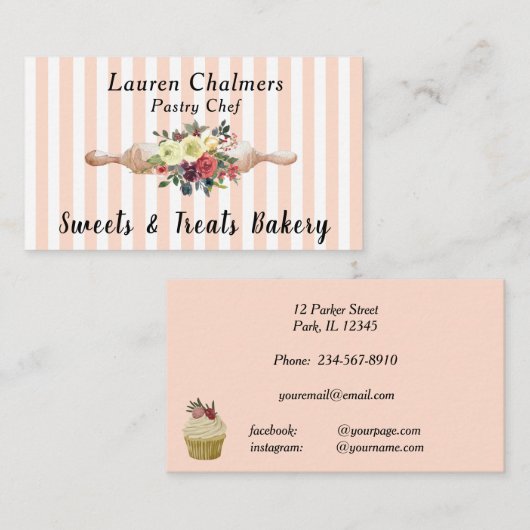 Floral Rolling Pin Blush Pink Stripe Pastry Chef Visitekaartje (Voorkant / Achterkant)
