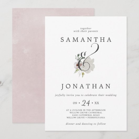 Floral Romance Ampersand Wedding Kaart (Voorkant / Achterkant)