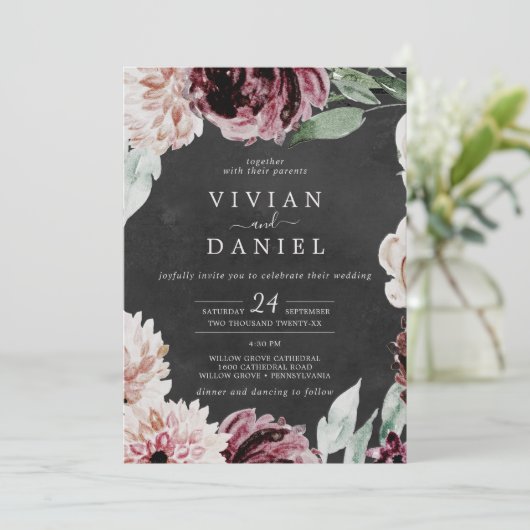 Floral-Romance | Grijze Casual bruiloft Kaart (Staand voorkant)