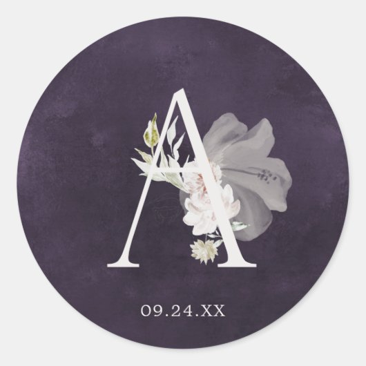 Floral Romance Letter A Monogram Plum Wedding Seal Ronde Sticker (Voorkant)