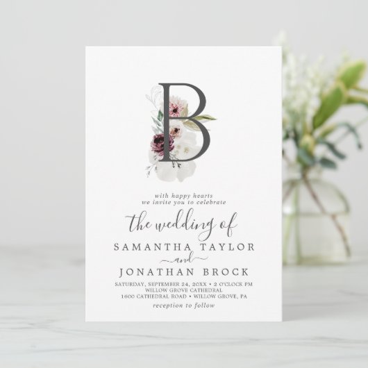 Floral Romance Letter B Monogram Weddenschap Kaart (Staand voorkant)