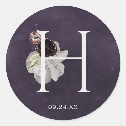 Floral Romance Letter H Monogram Plum Wedding Seal Ronde Sticker (Voorkant)