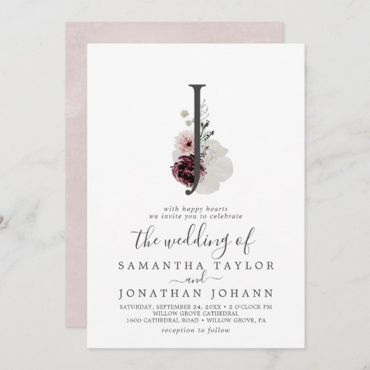 Floral Romance Letter J Monogram Weddenschap Kaart (Voorkant / Achterkant)