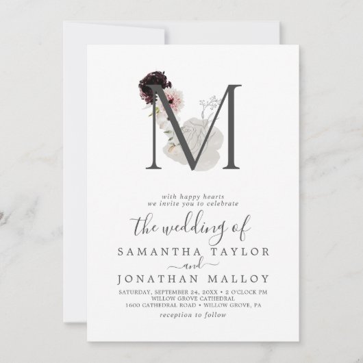 Floral Romance Letter M Monogram Weddenschap Kaart (Voorkant)