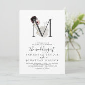 Floral Romance Letter M Monogram Weddenschap Kaart (Staand voorkant)
