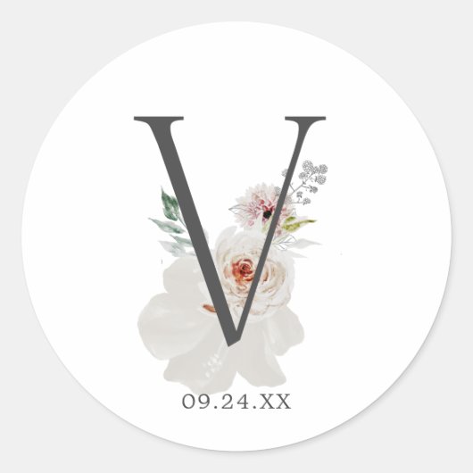 Floral Romance Letter V Monogram Envelopzegels Ronde Sticker (Voorkant)