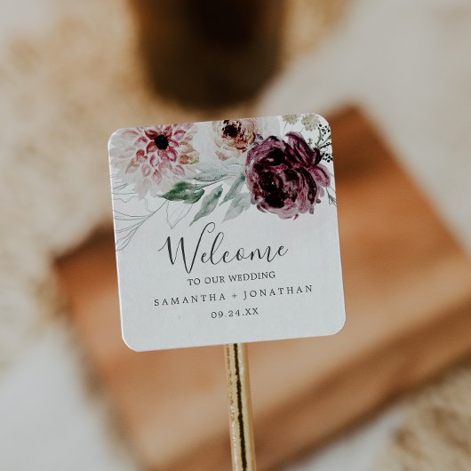 Floral Romance Wedding Welcome Vierkante Sticker