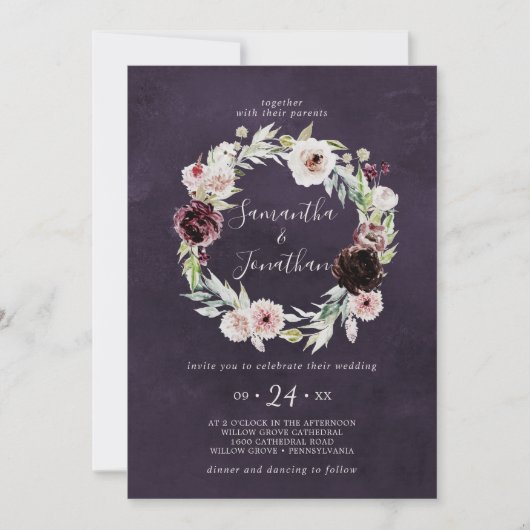 Floral Romance Wreath | Plum Wedding Kaart (Voorkant)