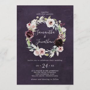 Floral Romance Wreath Plum Wedding Kaart