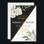 Floral Romantic Black & White Wedding Kaart<br><div class="desc">Romantische en unieke zwarte en witte floral Wedding Invitation. Het goudletteren en de aanraking van kalligrafie zijn een perfecte aanvulling op de mooie bloemen. Een QR-codevoorbeeld is op de achterzijde opgenomen indien u deze wenst te gebruiken. Stuur een e-mail naar charmdesignstudio@rcn.com voor alle ontwerpvragen of aanvullende aanpassingen en/of overeenkomende objecten...</div>
