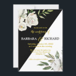 Floral Romantic Black & White Wedding Kaart<br><div class="desc">Romantische en unieke zwarte en witte floral Wedding Invitation. Het goudletteren en de aanraking van kalligrafie zijn een perfecte aanvulling op de mooie bloemen. Een QR-codevoorbeeld is op de achterzijde opgenomen indien u deze wenst te gebruiken. Stuur een e-mail naar charmdesignstudio@rcn.com voor alle ontwerpvragen of aanvullende aanpassingen en/of overeenkomende objecten...</div>