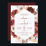 Floral-Romantic, een verbrand Oranje feest Kaart<br><div class="desc">Chic and Modern Burnt Oranje and Burgundy Floral Roos Flowers Boho Bohemian Botanical Greenery Waterverf Autumn (Herfst),  Winter,  Spring of Summer Wedding Invitations - bevat prachtige en elegante scripttypografie voor de speciale viering van de dag van de bruiloft.</div>