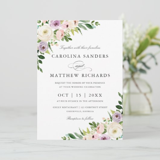 Floral Romantic Modern Elegant Wedding Invitation Kaart (Staand voorkant)