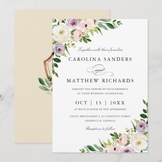 Floral Romantic Modern Elegant Wedding Invitation Kaart (Voorkant / Achterkant)