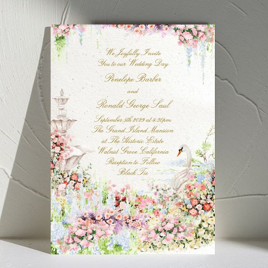 floral romantic swan chic calligraphy wedding kaart