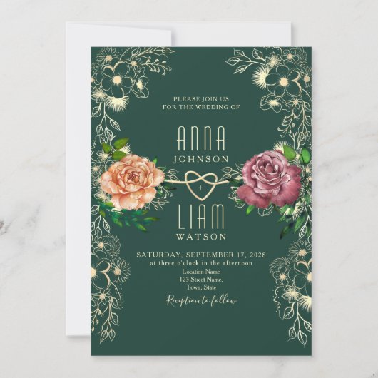 Floral Romantische Smaragd Groene Bruiloft Uitnodi (Voorkant)