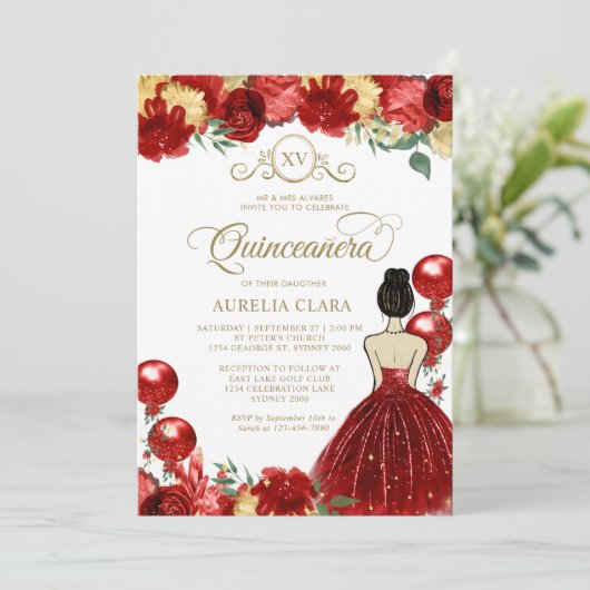 Floral rood goud prinses XV quinceañera verjaardag Kaart (Staand voorkant)