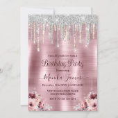 Floral Roos Blush Pink Glitter Drips Verjaardag Kaart (Voorkant)