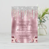 Floral Roos Blush Pink Glitter Drips Verjaardag Kaart (Staand voorkant)