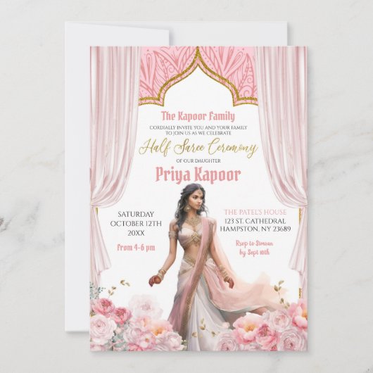 Floral Roos Bruin Indiaas Meisje Halve Saree Cerem Kaart (Voorkant)