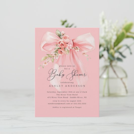 Floral Roos Coquette Bow Baby shower Kaart (Staand voorkant)