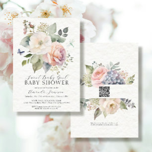 Floral Roos Cottage Tuin Boeket QR Baby Meisje Kaart
