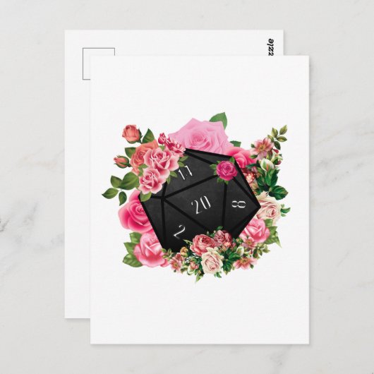 Floral Roos D20 Tabletop RPG Gaming Dice Briefkaart (Voorkant / Achterkant)