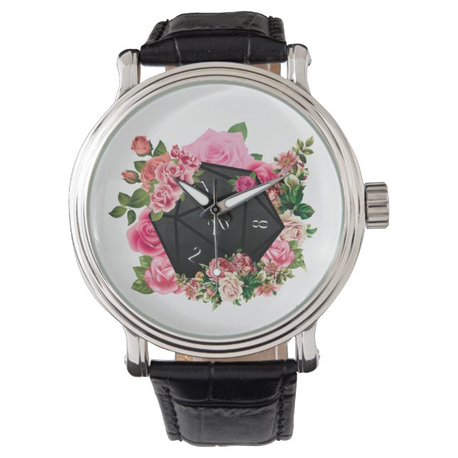 Floral Roos D20 Tabletop RPG Gaming Dice Horloge (Voorkant)