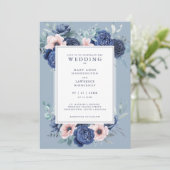 Floral Roos Dusty Blue Huwelijksuitnodiging (Staand voorkant)