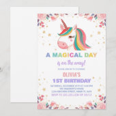 Floral Roos Eenhoorn Verjaardagsuitnodigingen Kaart (Voorkant / Achterkant)