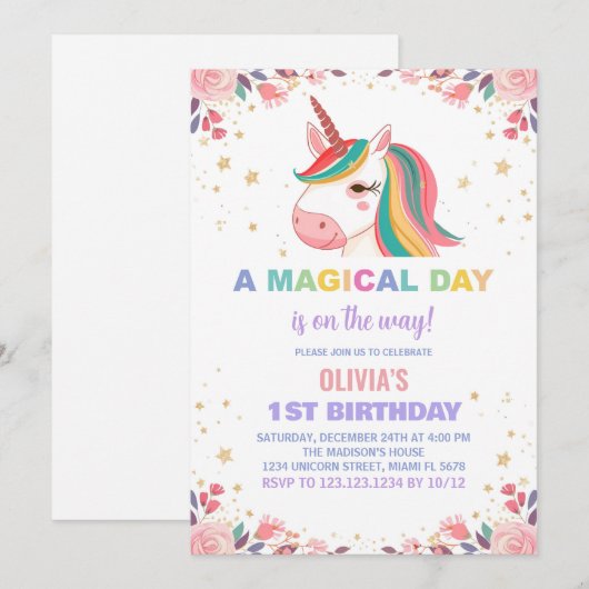 Floral Roos Eenhoorn Verjaardagsuitnodigingen Kaart (Voorkant / Achterkant)